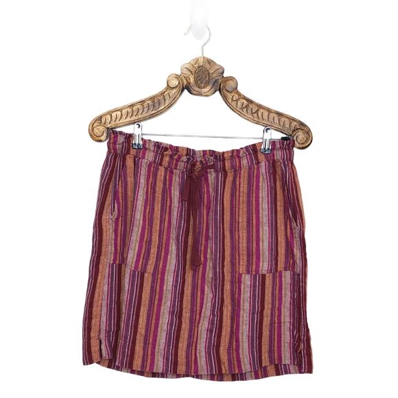 Caslon Skirt Linen Blend Stripe Summer Mini Magenta Pink Pockets Drawstring M